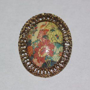 Vintage Handmade Egg Shell Pin/Brooch Charm Floral Gold Tone Signed